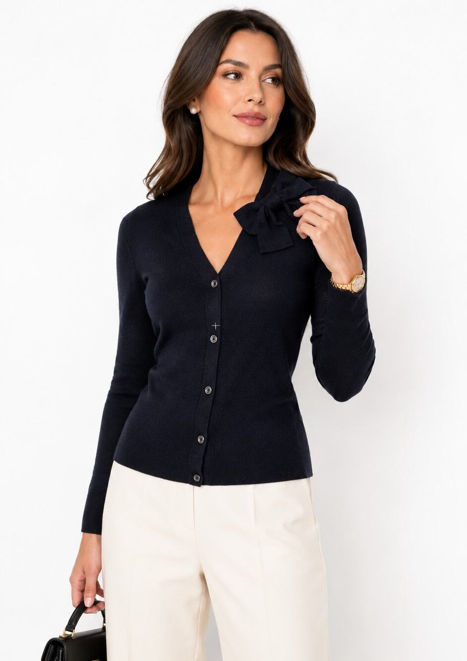 Kate Spade Black Silk Blend Bow Cardigan XS Button Front Preppy Classic
